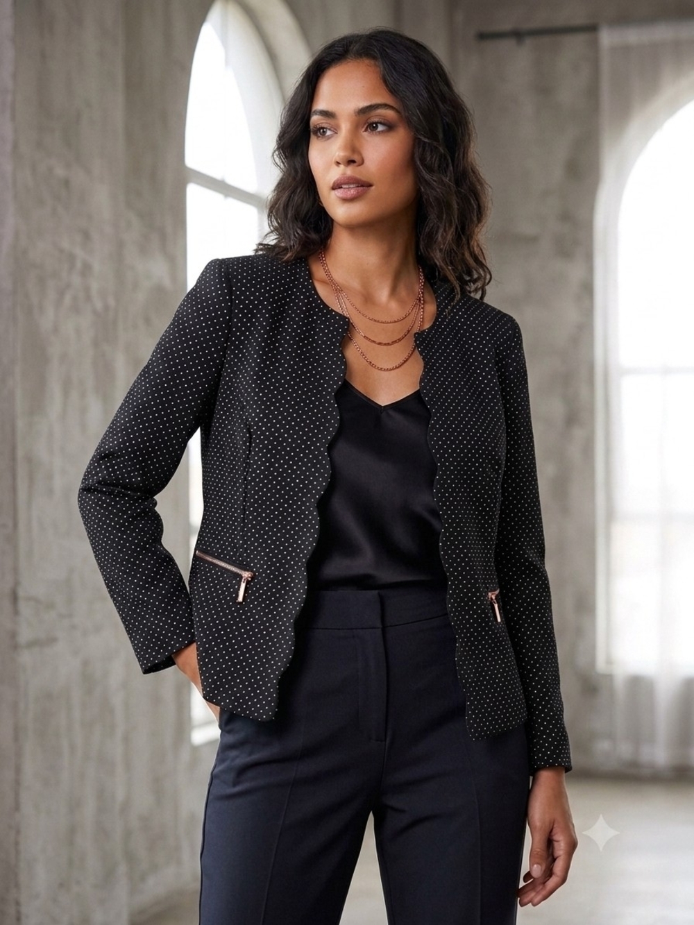 Womens Black Scalloped Polka Dot Jacket